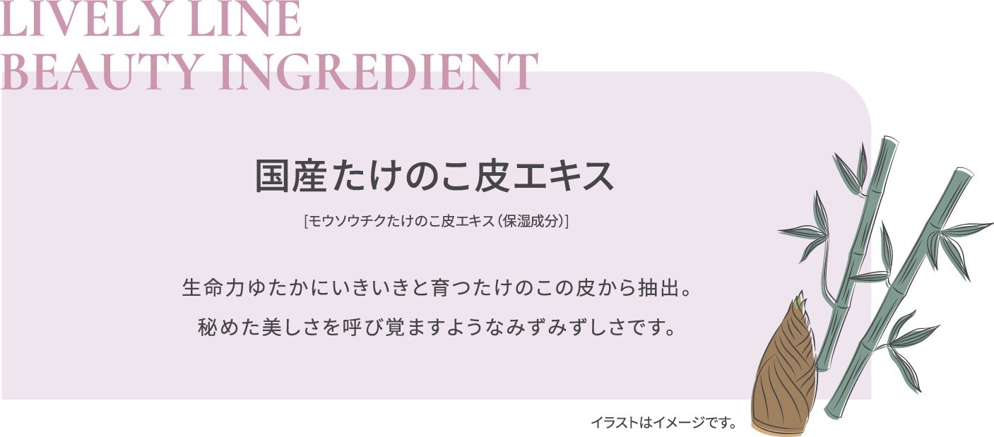 BEAUTY INGREDIENT 国産たけのこ皮エキス 【モウソウチクたけのこ皮エキス（保湿成分）】 生命力ゆたかにいきいきと育ったたけのこの皮から抽出。 秘めた美しさを呼び覚ますようなみずみずしさです。