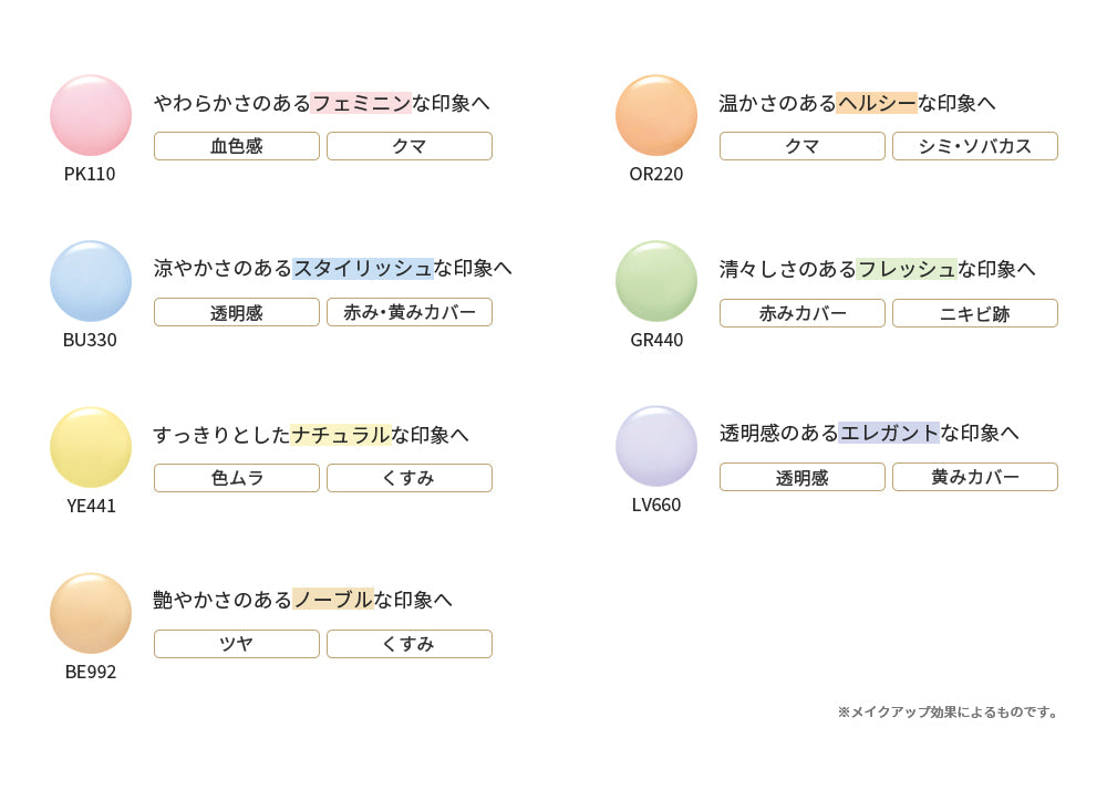 PK110 やわらかさのあるフェミニンな印象へ 血色感 クマ OR220 温かさのあるヘルシーな印象へ クマ シミ・ソバカス BU330 涼やかさのあるスタイリッシュな印象へ 透明感 赤み・黄みカバー GR440 清々しさのあるフレッシュな印象へ 赤みカバー ニキビ跡 YE441 すっきりとしたナチュラルな印象へ 色ムラ くすみ LV660 透明感のあるエレガントな印象へ 透明感 黄みカバー BE992 艶やかさのあるノーブルな印象へ ツヤ くすみ ※メイクアップ効果によるものです。