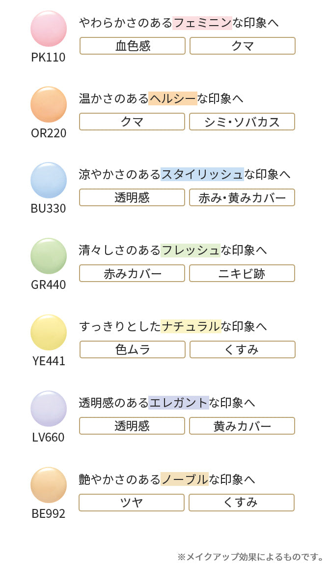 PK110 やわらかさのあるフェミニンな印象へ 血色感 クマ OR220 温かさのあるヘルシーな印象へ クマ シミ・ソバカス BU330 涼やかさのあるスタイリッシュな印象へ 透明感 赤み・黄みカバー GR440 清々しさのあるフレッシュな印象へ 赤みカバー ニキビ跡 YE441 すっきりとしたナチュラルな印象へ 色ムラ くすみ LV660 透明感のあるエレガントな印象へ 透明感 黄みカバー BE992 艶やかさのあるノーブルな印象へ ツヤ くすみ ※メイクアップ効果によるものです。