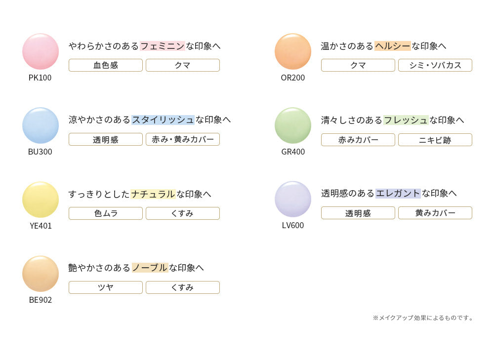PK100 やわらかさのあるフェミニンな印象へ 血色感 クマ OR200 温かさのあるヘルシーな印象へ クマ シミ・ソバカス BU300 涼やかさのあるスタイリッシュな印象へ 透明感 赤み・黄みカバー GR400 清々しさのあるフレッシュな印象へ 赤みカバー ニキビ跡 YE401 すっきりとしたナチュラルな印象へ 色ムラ くすみ LV600 透明感のあるエレガントな印象へ 透明感 黄みカバー BE902 艶やかさのあるノーブルな印象へ ツヤ くすみ ※メイクアップ効果によるものです。