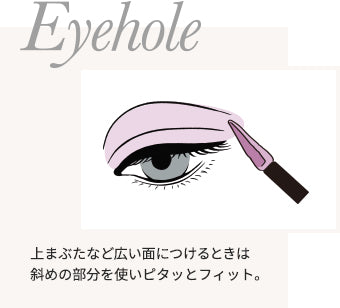 Eyehole 上まぶたなど広い面につけるときは斜めの部分を使いピタッとフィット。