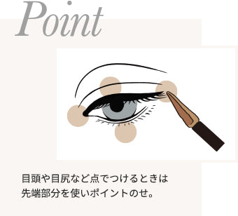 Point　目頭や目尻など点でつけるときは先端部分を使いポイントのせ。